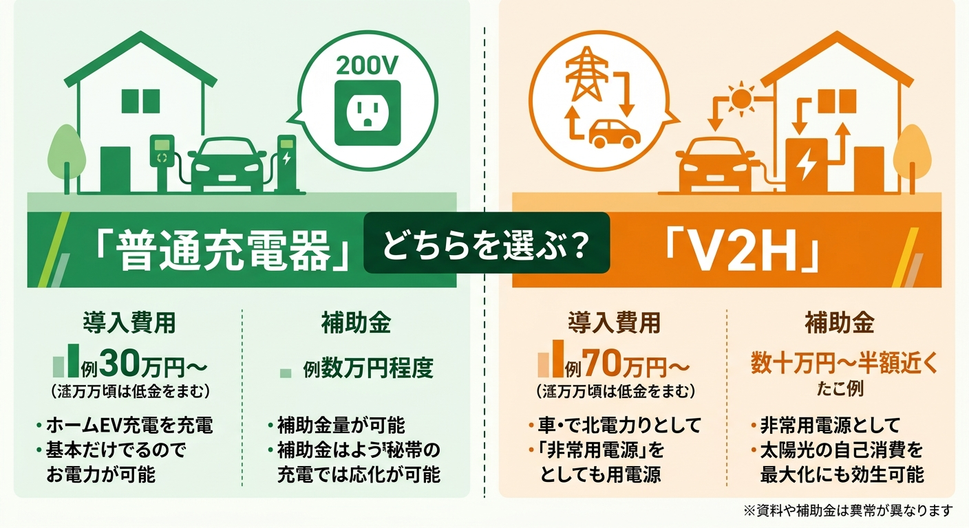 普通充電器とV2Hの違い|補助金額・設置費用を比較
