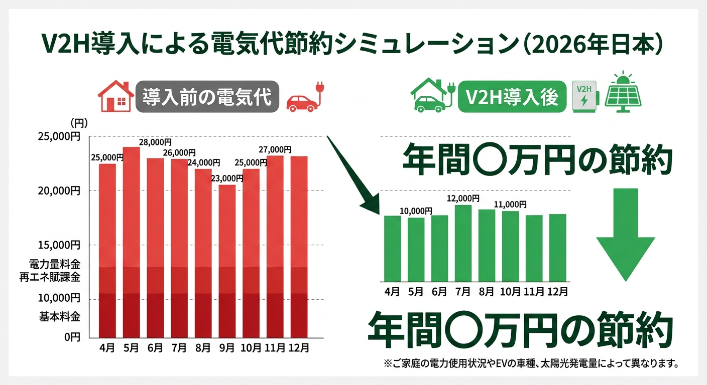 V2H設置で電気代はいくら安くなる？2026年版シミュレーション