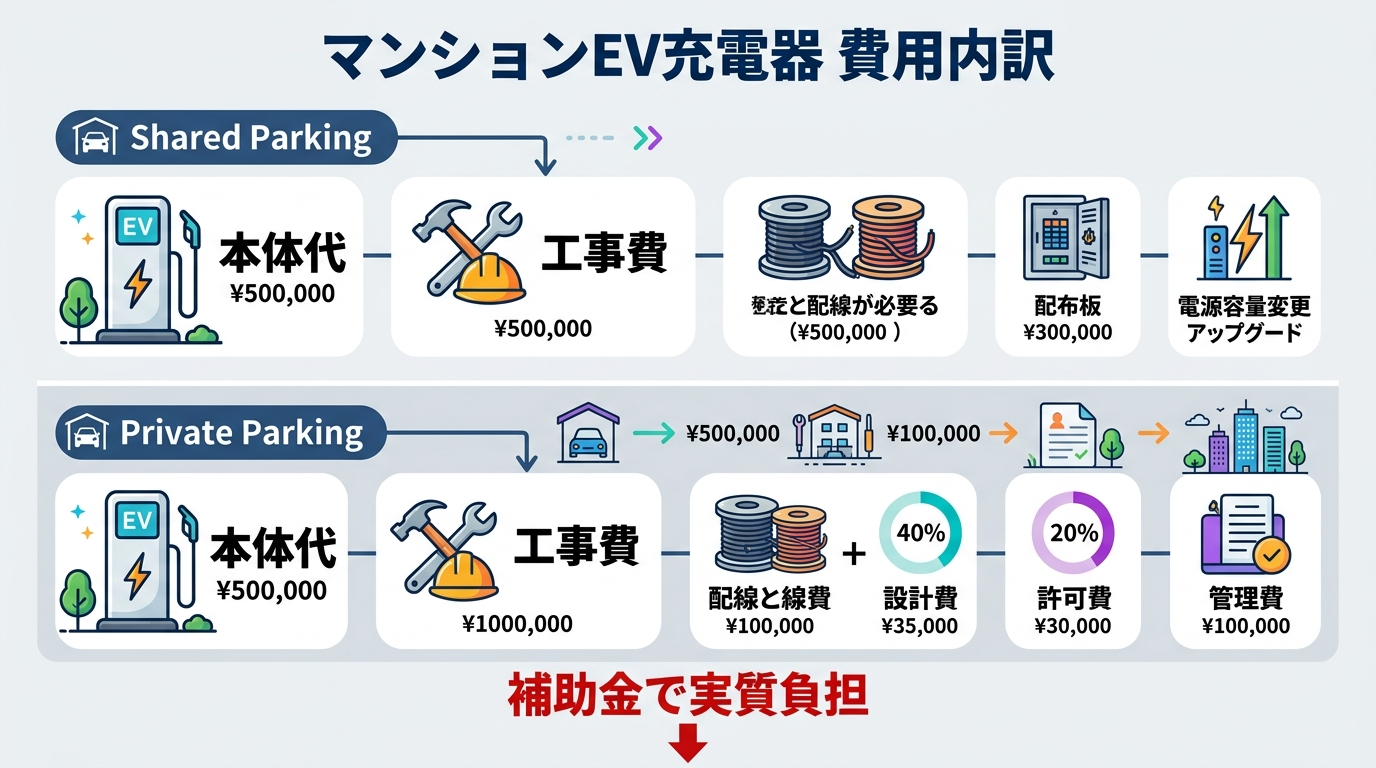 マンションEV充電器の設置費用2026｜共用部・専有部の工事費内訳と補助金で負担を減らす方法
