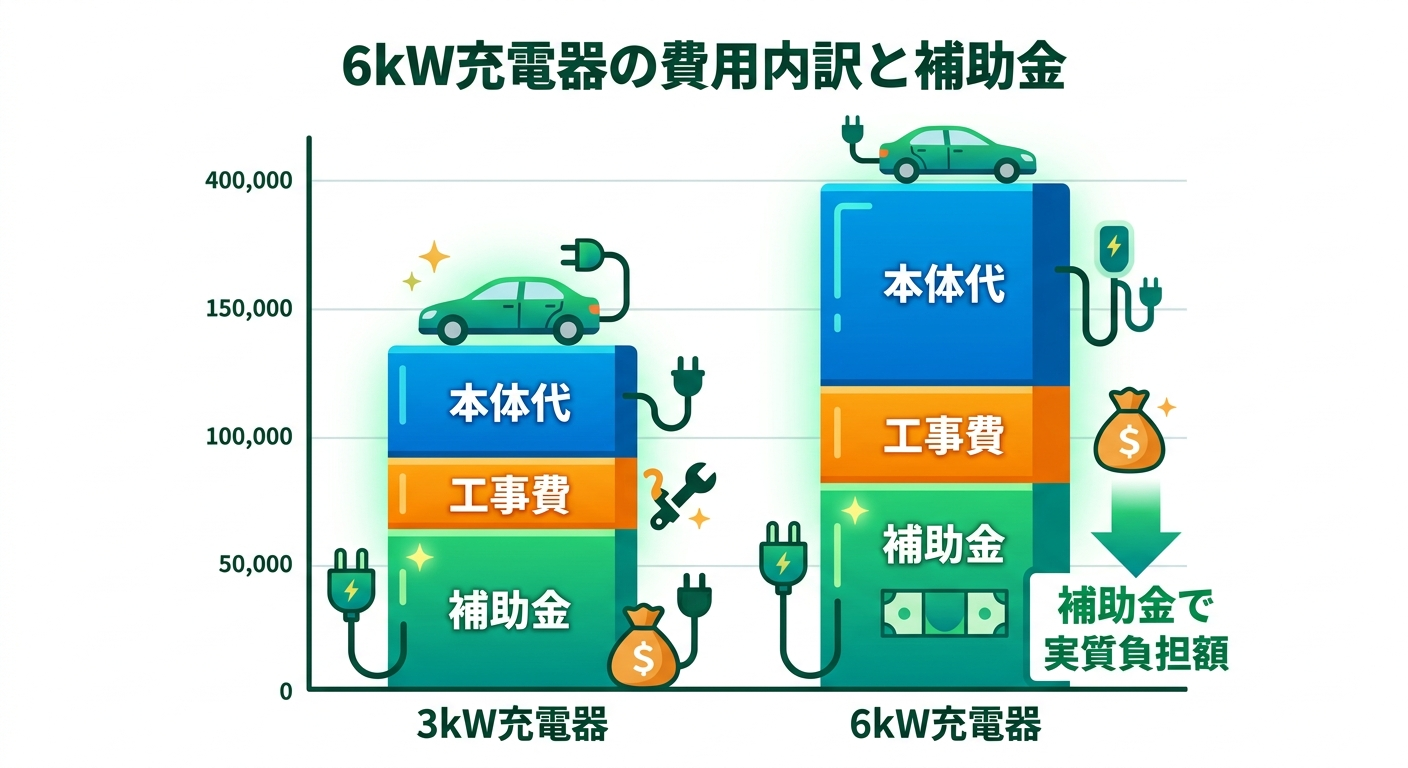 6kW EV充電器の費用はいくら？本体・工事費の内訳と補助金で安くする方法2026