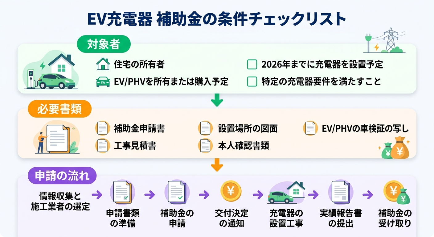 EV充電器 補助金の申請条件2026｜対象者・必要書類・審査基準をわかりやすく解説