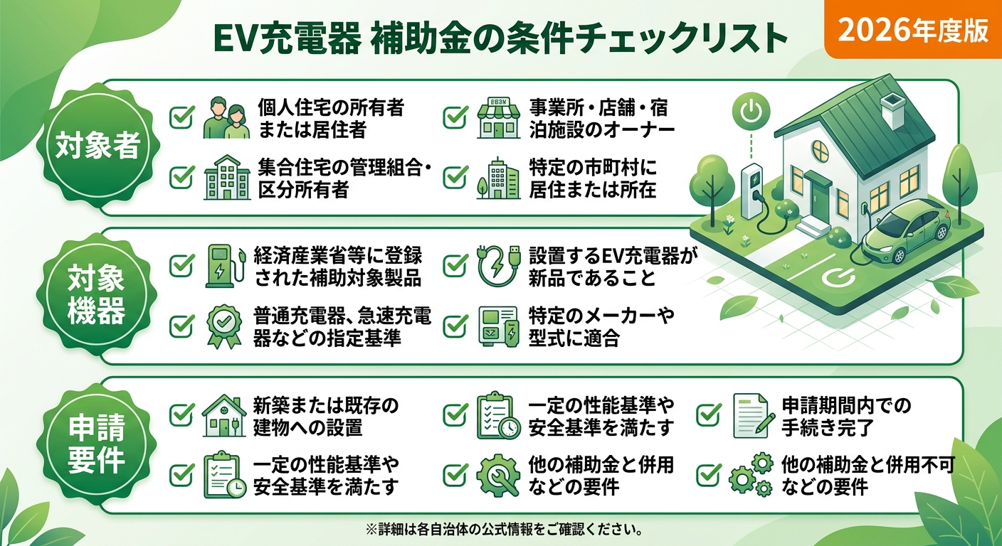 EV充電器補助金の条件一覧2026｜対象者・対象機器・申請要件をわかりやすく解説