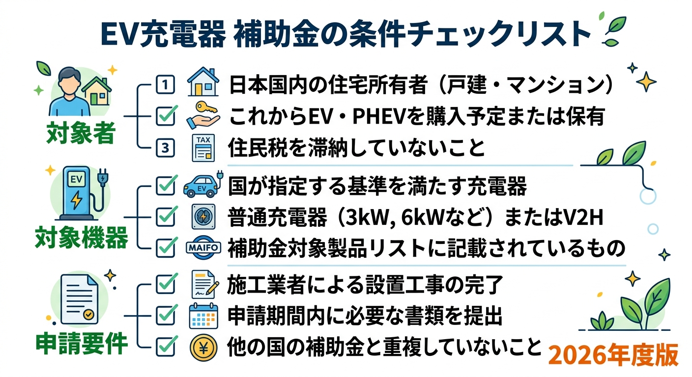 EV充電器の補助金条件2026｜対象者・対象機器・申請要件をわかりやすく解説