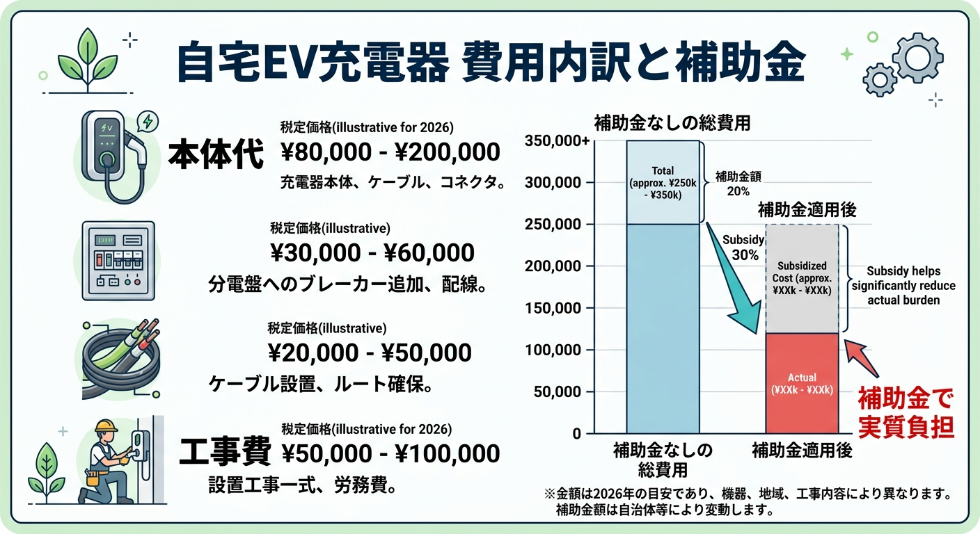 自宅EV充電器の費用はいくら?戸建て設置の本体・工事費内訳と補助金で安くする方法2026