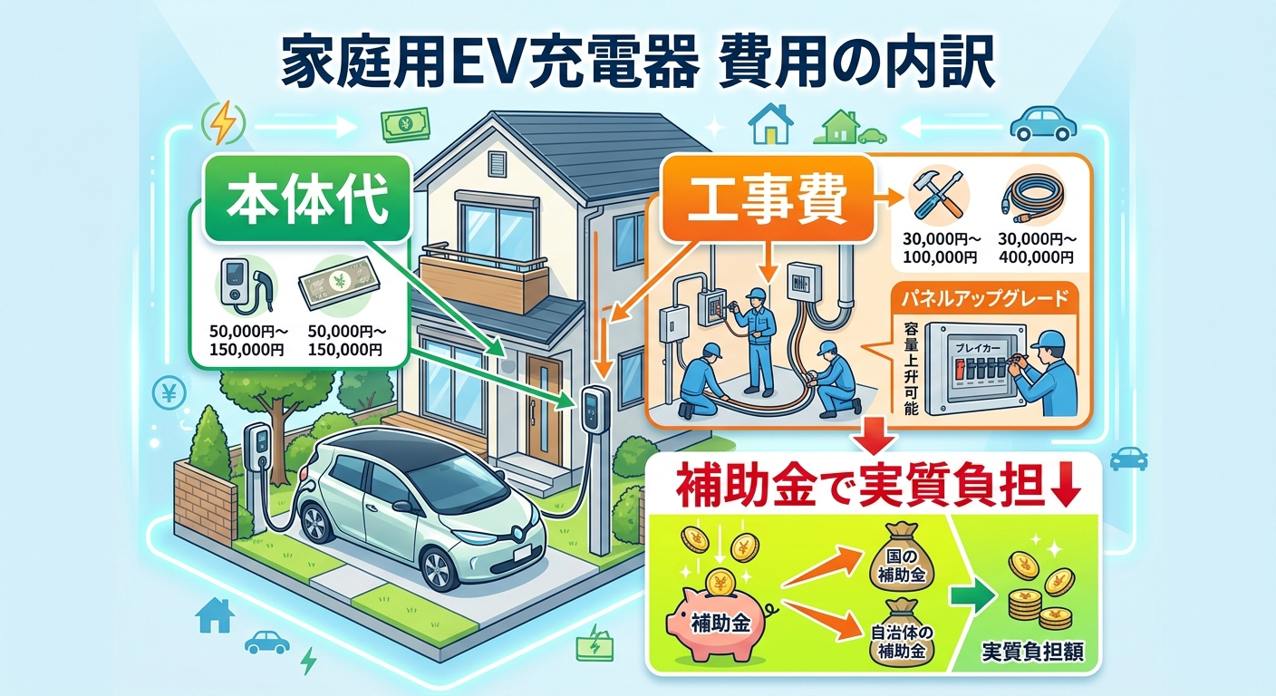 EV充電器の家庭用費用2026｜本体・工事費の相場と補助金で安くする全手順