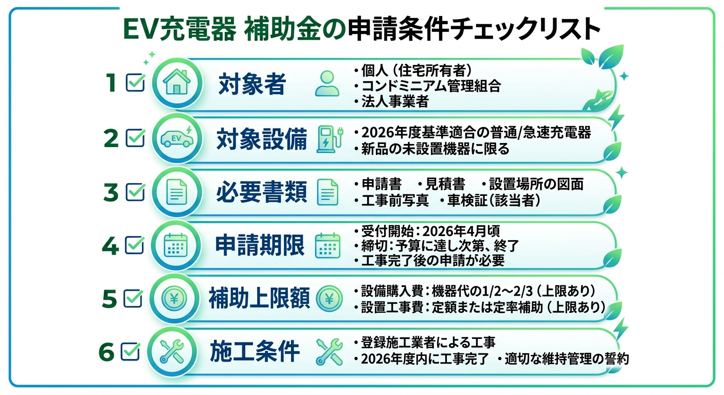 EV充電器補助金2026の申請条件まとめ|対象者・必要書類・注意点を徹底解説