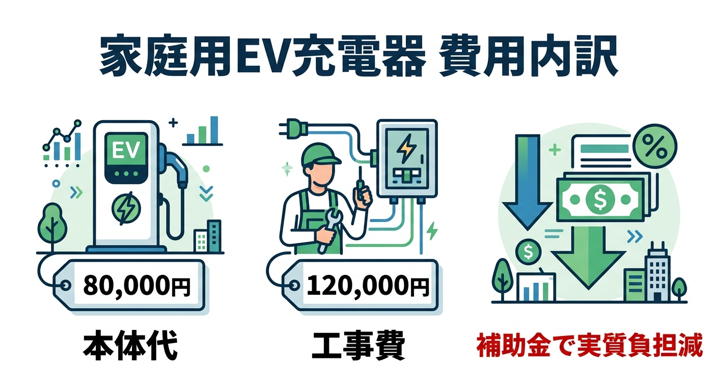 自宅にEV充電器を設置する費用はいくら?家庭用の本体・工事費内訳と補助金で安くする方法2026