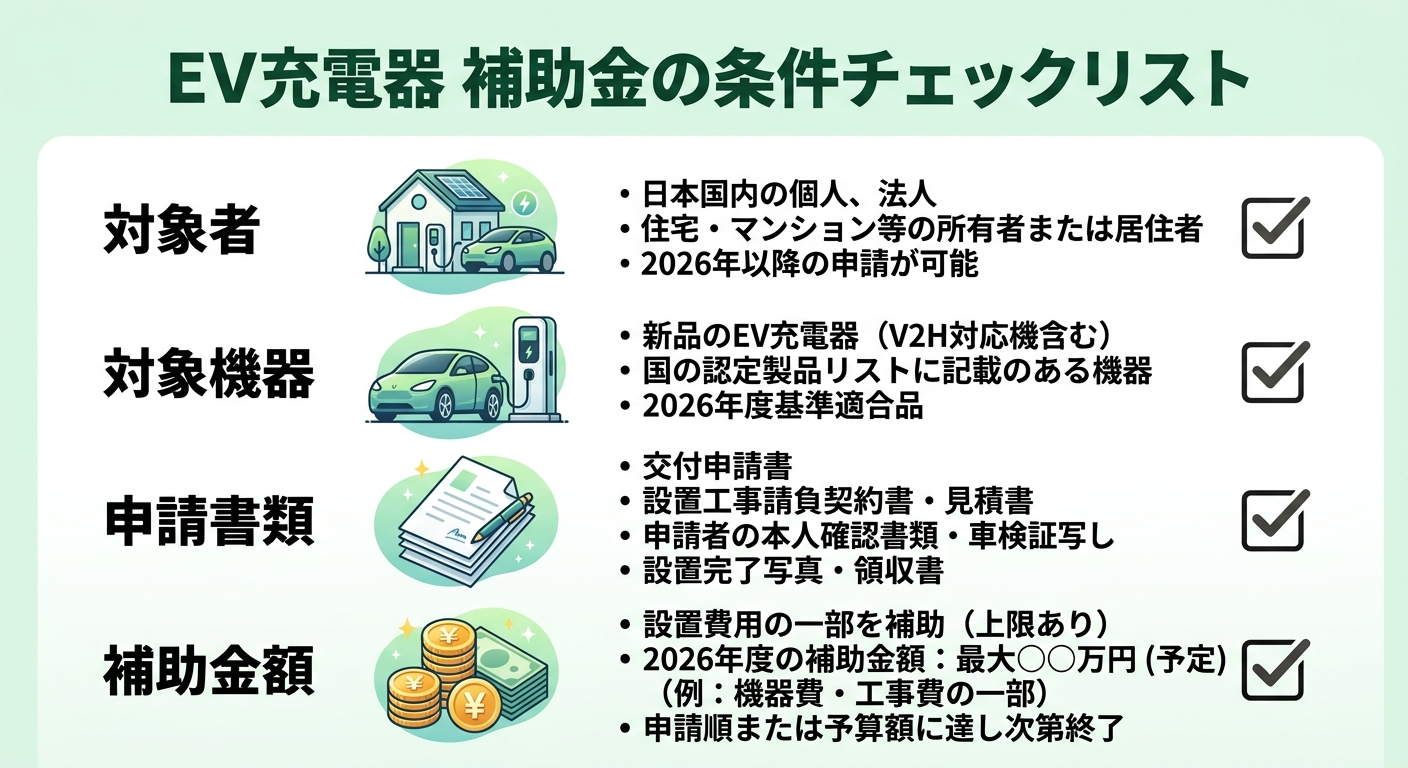 EV充電器の補助金条件2026|対象者・対象機器・申請要件をわかりやすく解説