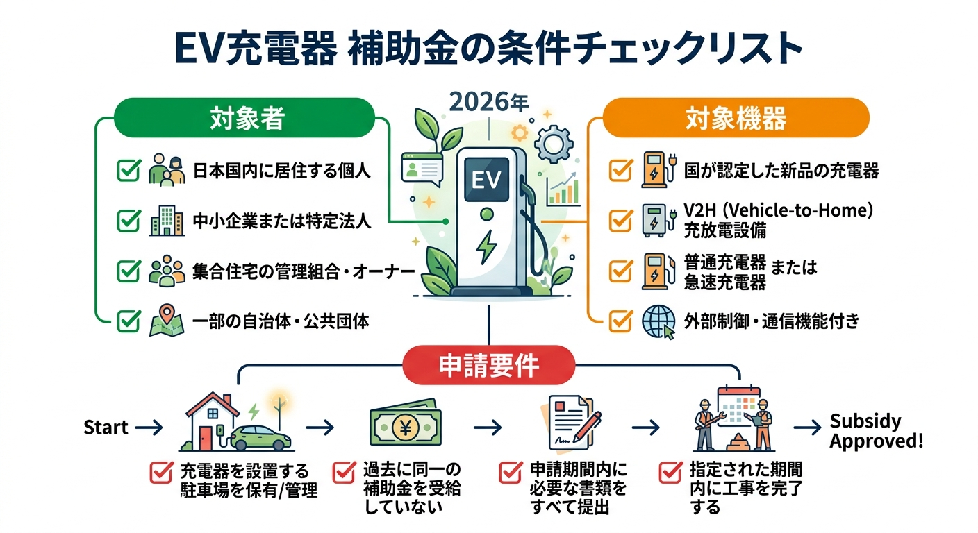 EV充電器の補助金条件2026|対象者・対象機器・申請要件をわかりやすく解説