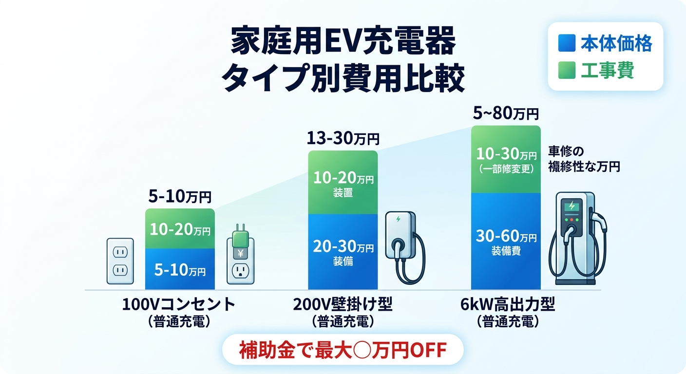 家庭用EV充電器の費用はいくら?種類別の本体・工事費と補助金で安くする方法2026