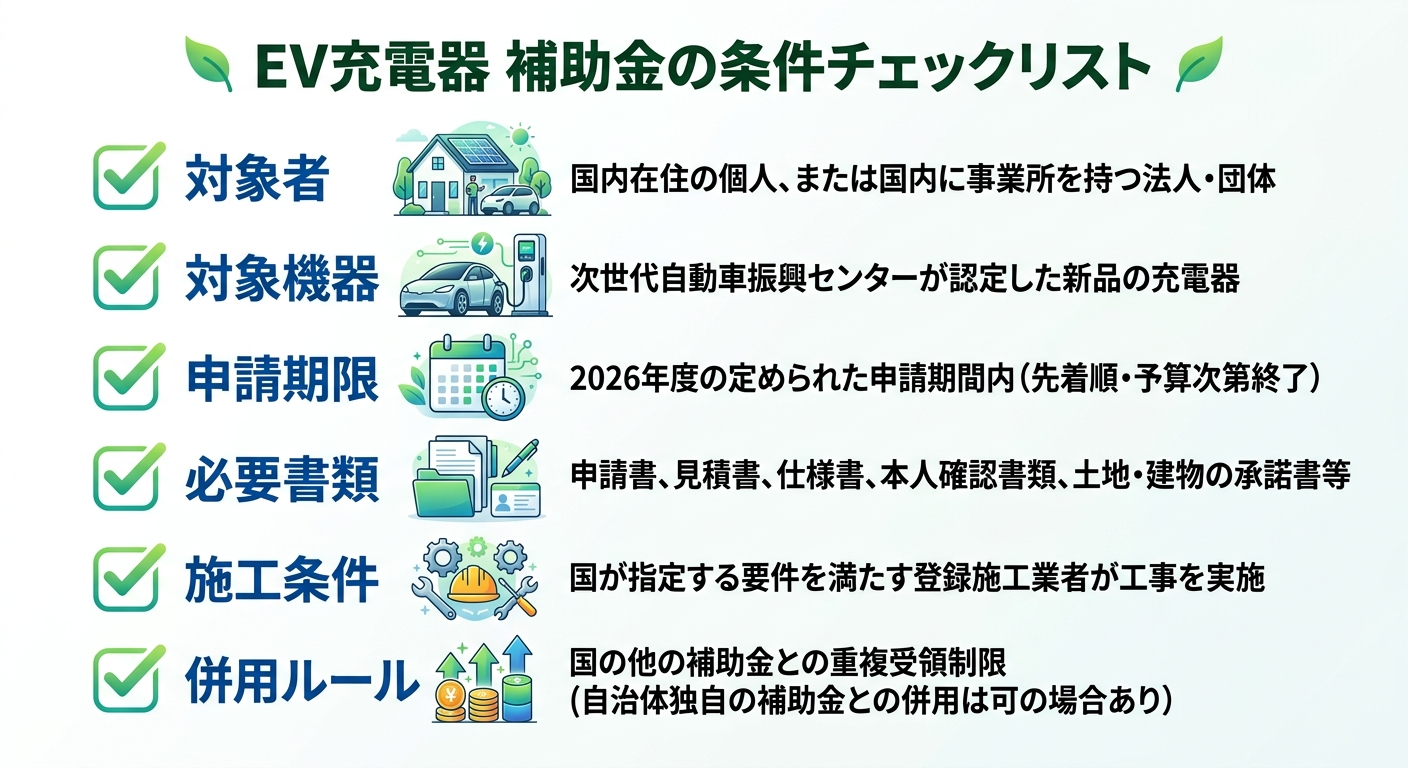EV充電器の補助金条件2026|対象者・対象機器・申請要件を完全解説