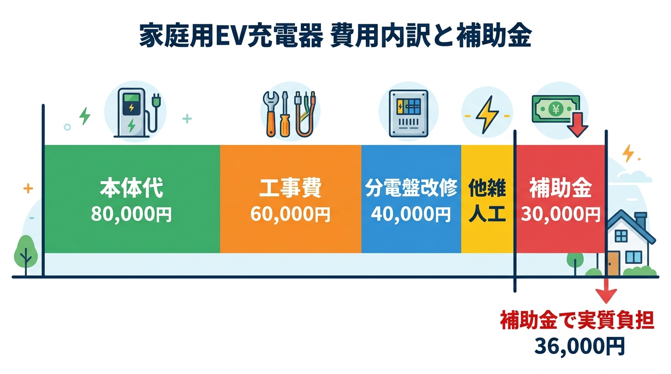 自宅にEV充電器を設置する費用はいくら?家庭用の本体・工事費内訳と補助金で安くする方法2026