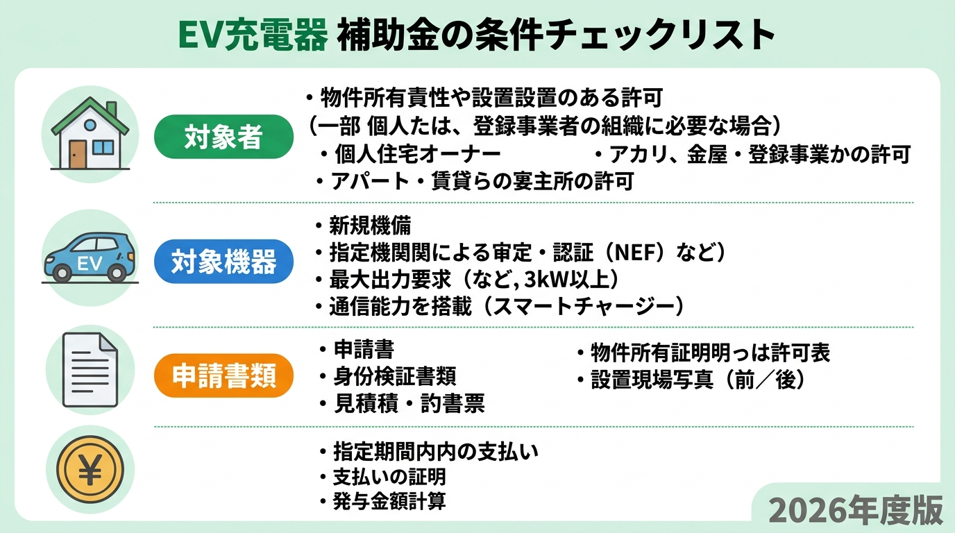 EV充電器の補助金条件2026｜対象者・対象機器・申請要件をわかりやすく解説