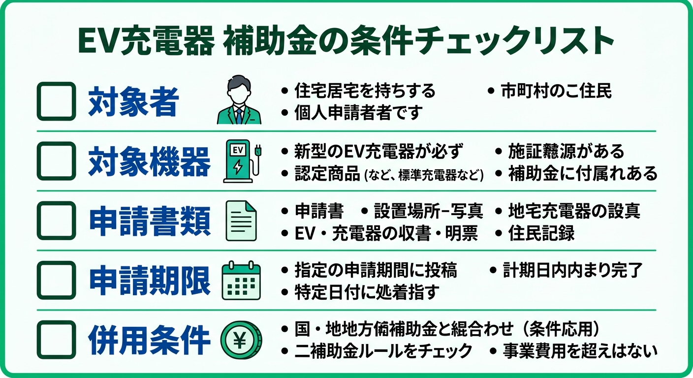 EV充電器 補助金の条件2026｜対象者・対象機器・申請要件をわかりやすく解説