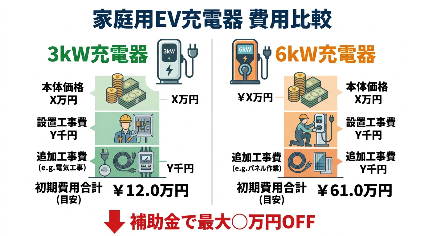 家庭用EV充電器の費用はいくら？3kW・6kWの本体価格・工事費内訳と補助金で安くする方法2026