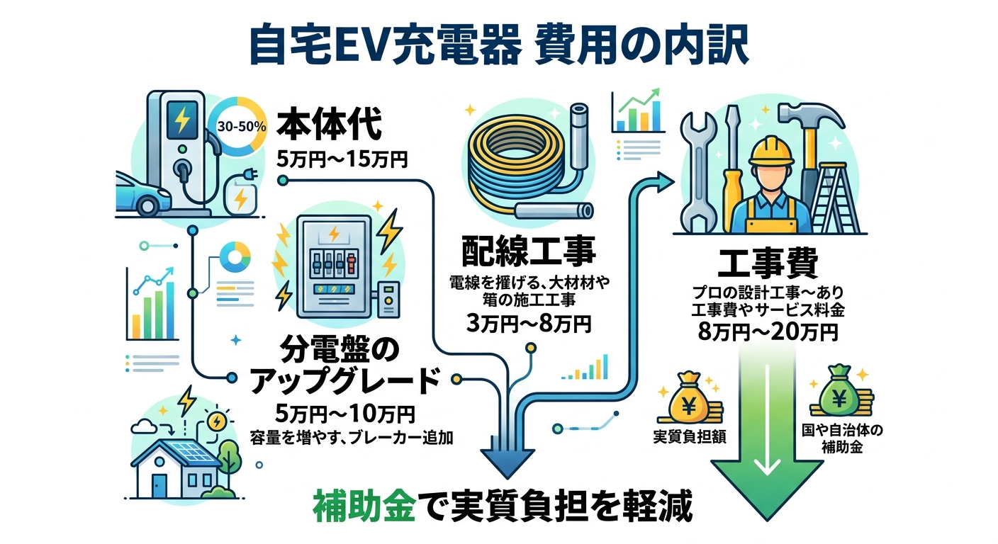 自宅EV充電器の費用はいくら？家庭用の本体・工事費内訳と補助金で安くする方法2026