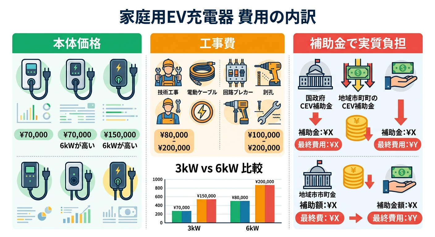 EV充電器 家庭用の費用はいくら？3kW・6kWの本体価格・工事費と補助金で実質負担を抑える方法2026