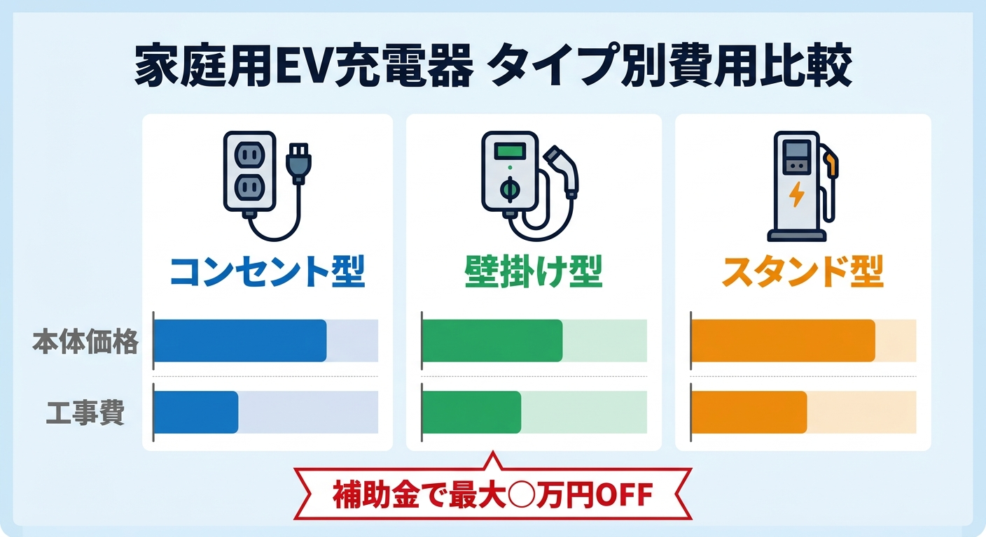 自宅にEV充電器を設置する費用はいくら？家庭用コンセント型・充電器型の価格比較と補助金活用術2026