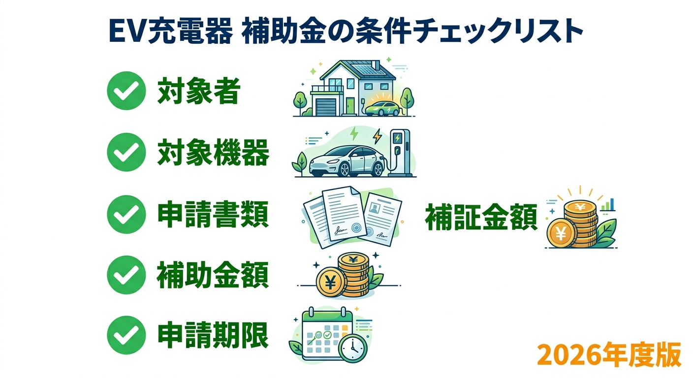 EV充電器 補助金の条件2026｜対象者・対象機器・申請要件を完全解説